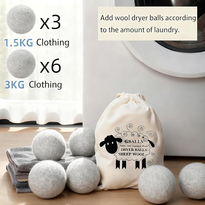 6 Pack Wool Dryer Balls Laundry Reusable Anti Static, Cotton Balls Wool Laundry Balls for Dryer Reduces Clothing Wrinkles Natural Fabric Softener Last 1000+ Loads (Grey, 2.75 in/7 cm)