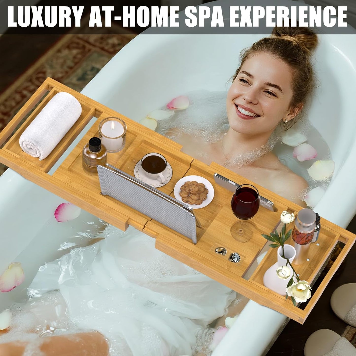 Bathtub Tray Caddy, Expandable Bath Trays for Tub, Bamboo Shelf & Table with Wine Glass Holder,Bathroom Accessories for New Home & Mothers Day & Birthday Gifts for Mom