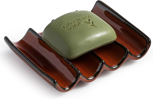 Bathroom Soap Dish for Shower, Bar Soap Holder with Self Drain, Ceramic Soap Saver Tray for Bathroom Sink, Kitchen Counter, Drain Fluted Design to Lift Soap Keep Dry, Red