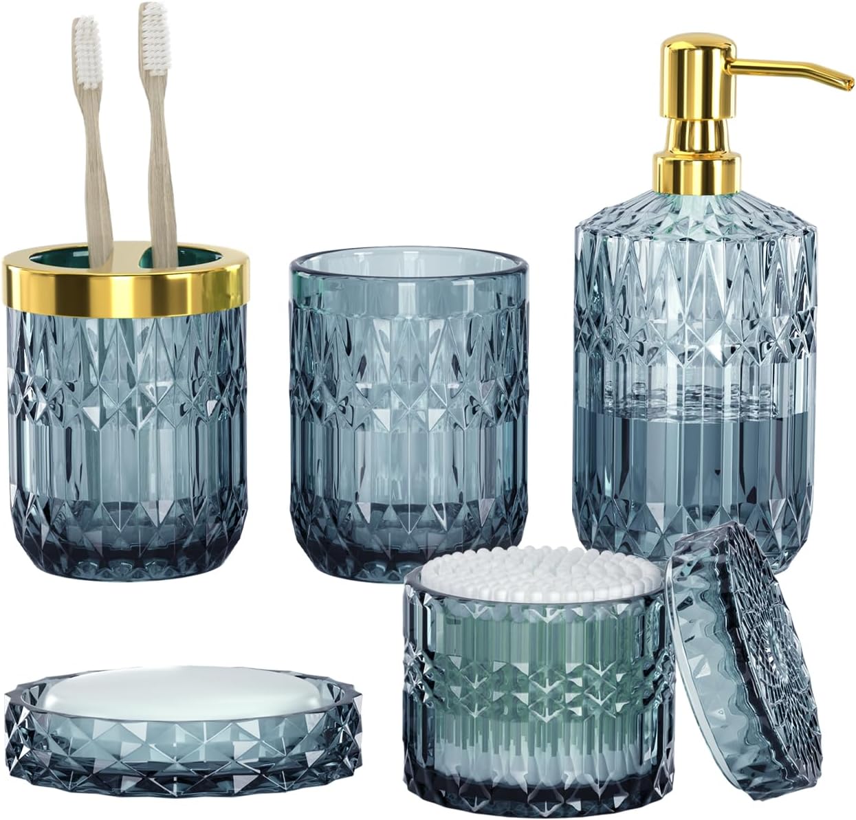 Blue Bathroom Accessories Set - 5PCS Clear Glass Bathroom Accessory Set (Toothbrush Holders, Soap Dispenser, Soap Dish, Tumbler, Cotton Swab Jar), Countertop Vanity Organizer Modern Decor Vintage Gift
