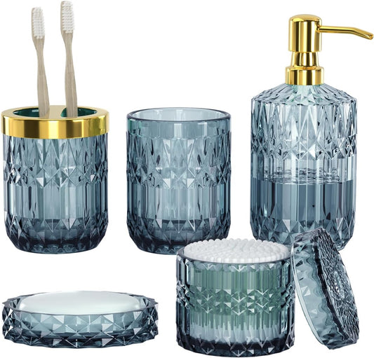 Blue Bathroom Accessories Set - 5PCS Clear Glass Bathroom Accessory Set (Toothbrush Holders, Soap Dispenser, Soap Dish, Tumbler, Cotton Swab Jar), Countertop Vanity Organizer Modern Decor Vintage Gift