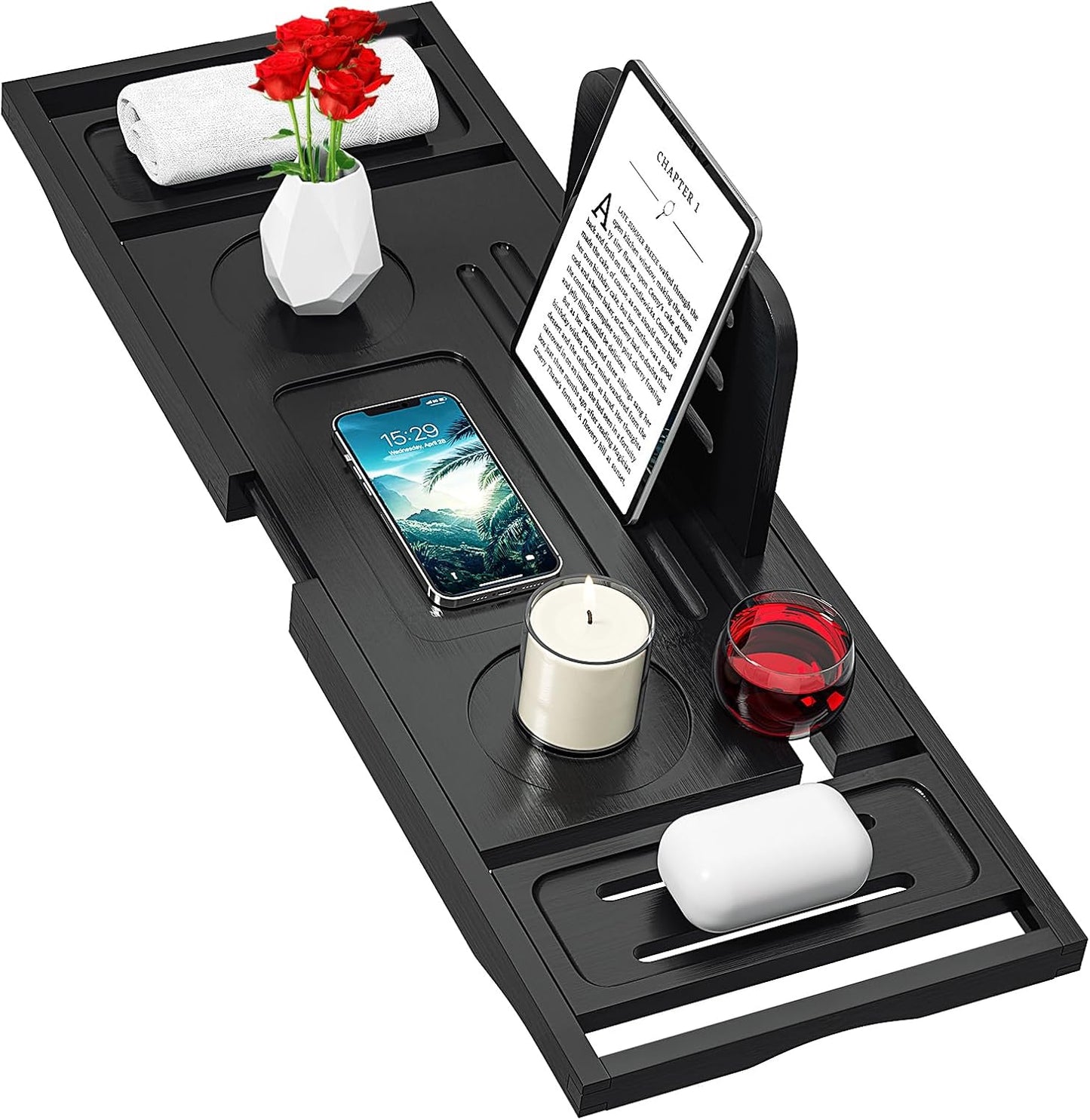 Bathtub Tray Caddy Black- Bath Tray Black - Bath Tub Tray Caddy - Bamboo Bath Tray for Tub - Expandable Size, Fits Most Tubs