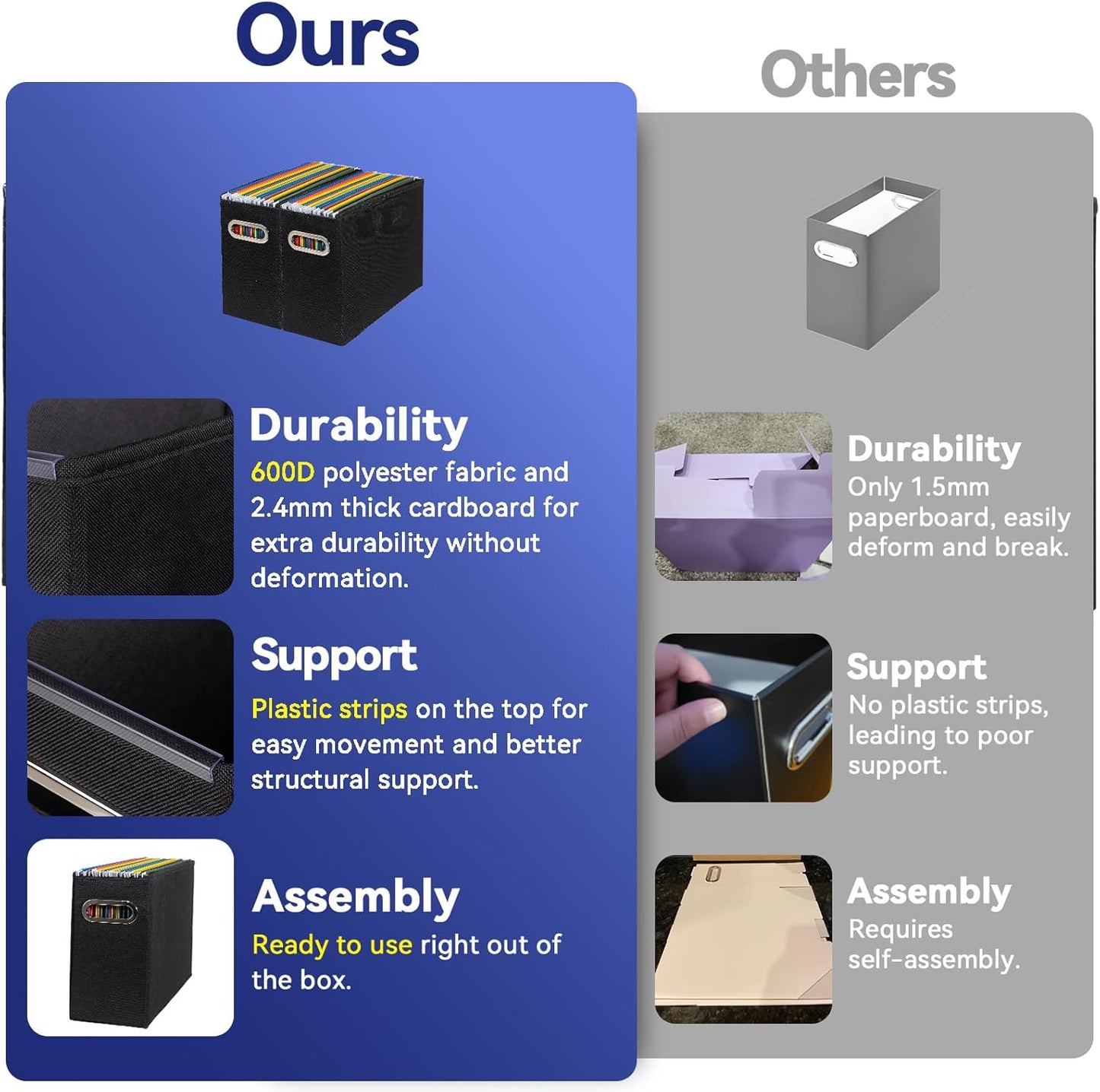 8 Packs Letter Size File Organizer, File Folders Organizer, Fabric Storage Box, Collapsible Paper Organizer with Metal Handle, Smooth PVC Rails, Only Box (Black)