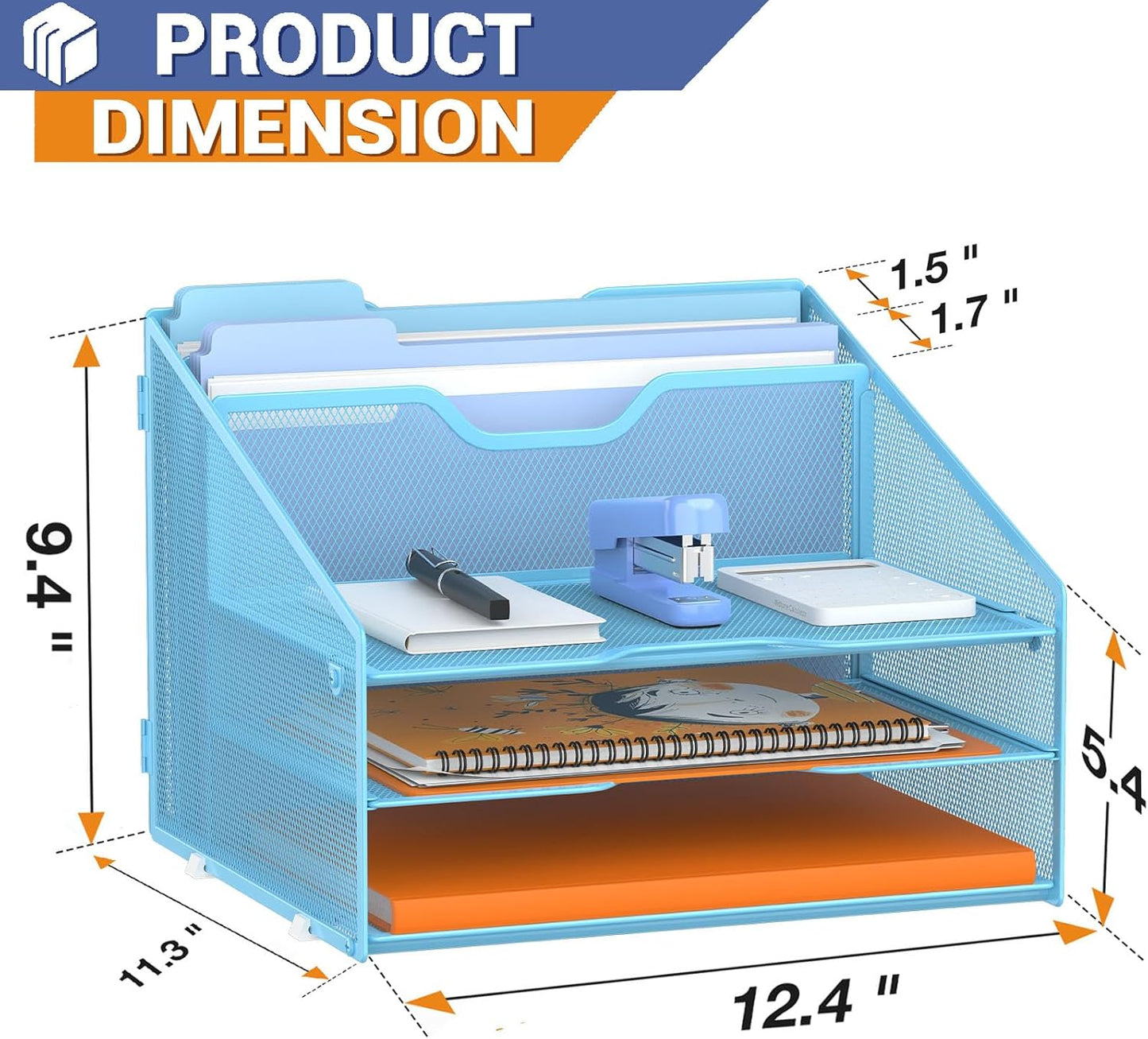 Letter Tray Organizer, Mesh Desk File Organizer with 3 Paper Trays and 2 Vertical Upright Section (Blue)