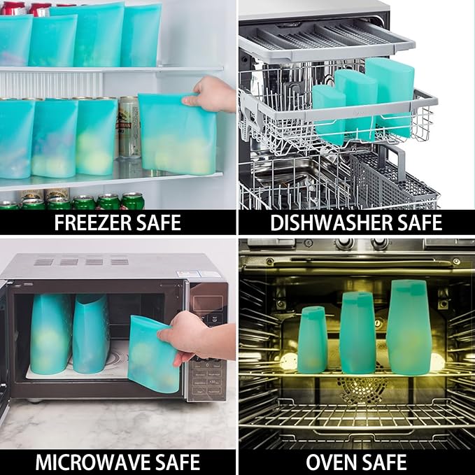 Reusable Food Bags, 8 Pack 100% Silicone Food Storage Bags Stand Up Zip Lock Container, Freezer Microwave Oven Dishwasher Safe, 4 Medium 2 Small 2 Extra Small, Aqua