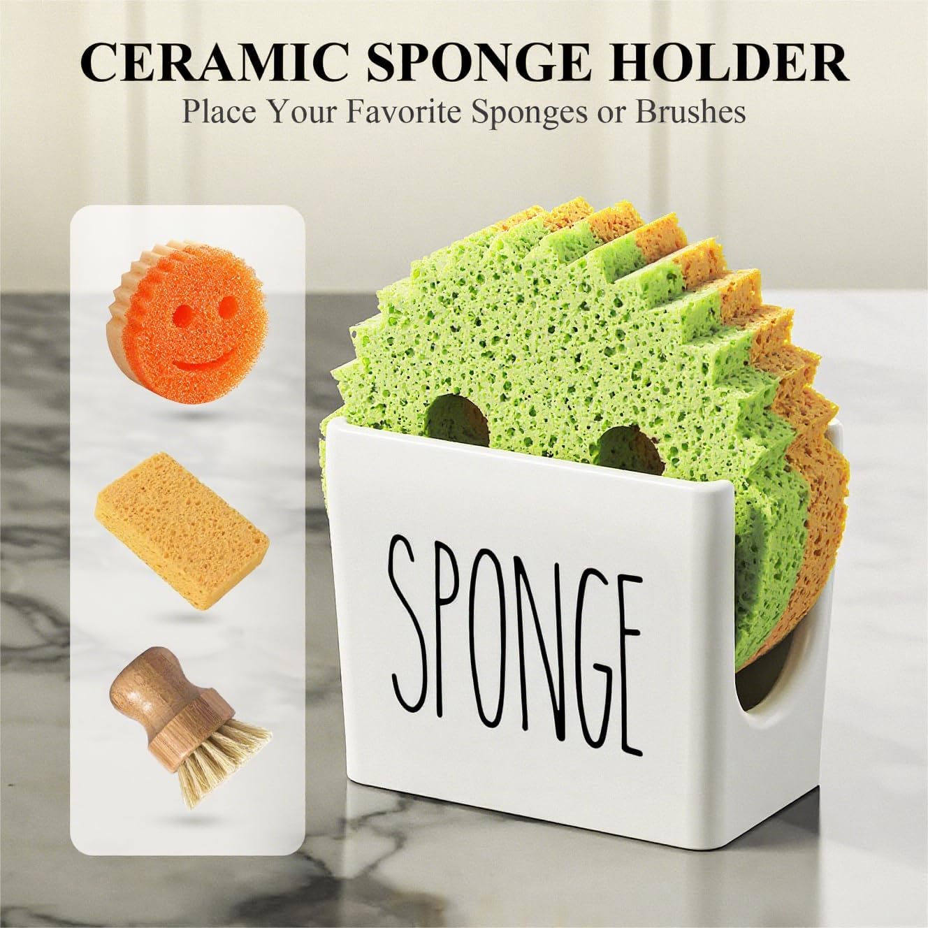 Cisily Kitchen Soap Dispenser Set Comes with Ceramics Sponge Holder, Gold Pumps, and Instant Dry Tray (White&Black, 4 Pack)