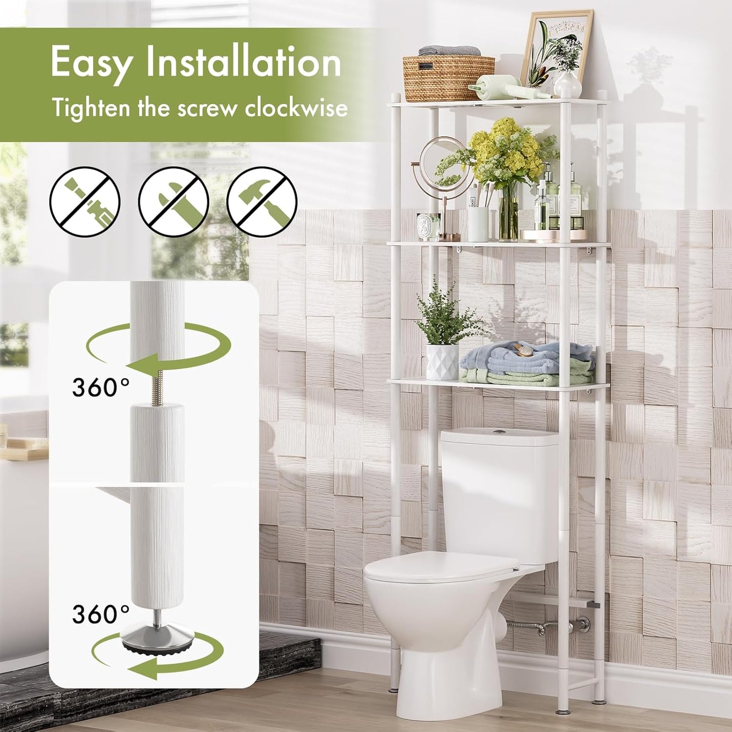 AmazerBath Bamboo Over The Toilet Storage Shelf, Over Toilet Bathroom Organizer Rack, 3-Tier Bathroom Shelves Over Toilet, Space Saver, White