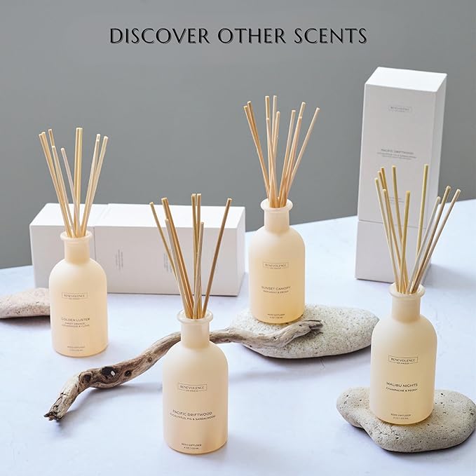 Benevolence LA Reed Diffuser - Champagne & Peony | Luxurious Home & Bathroom Decor | Long-Lasting Scent Diffusers for Home - Malibu Sands Collection