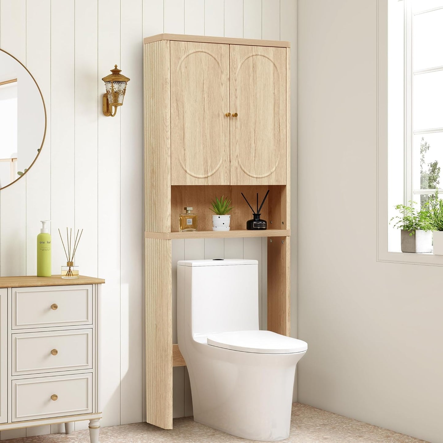 Fluted Over The Toilet Storage Cabinet, Bathroom Toilet Storage Cabinet with Door, Wood Curved Over The Toilet Space Saver Cabinets for Restroom Bathroom, Natural
