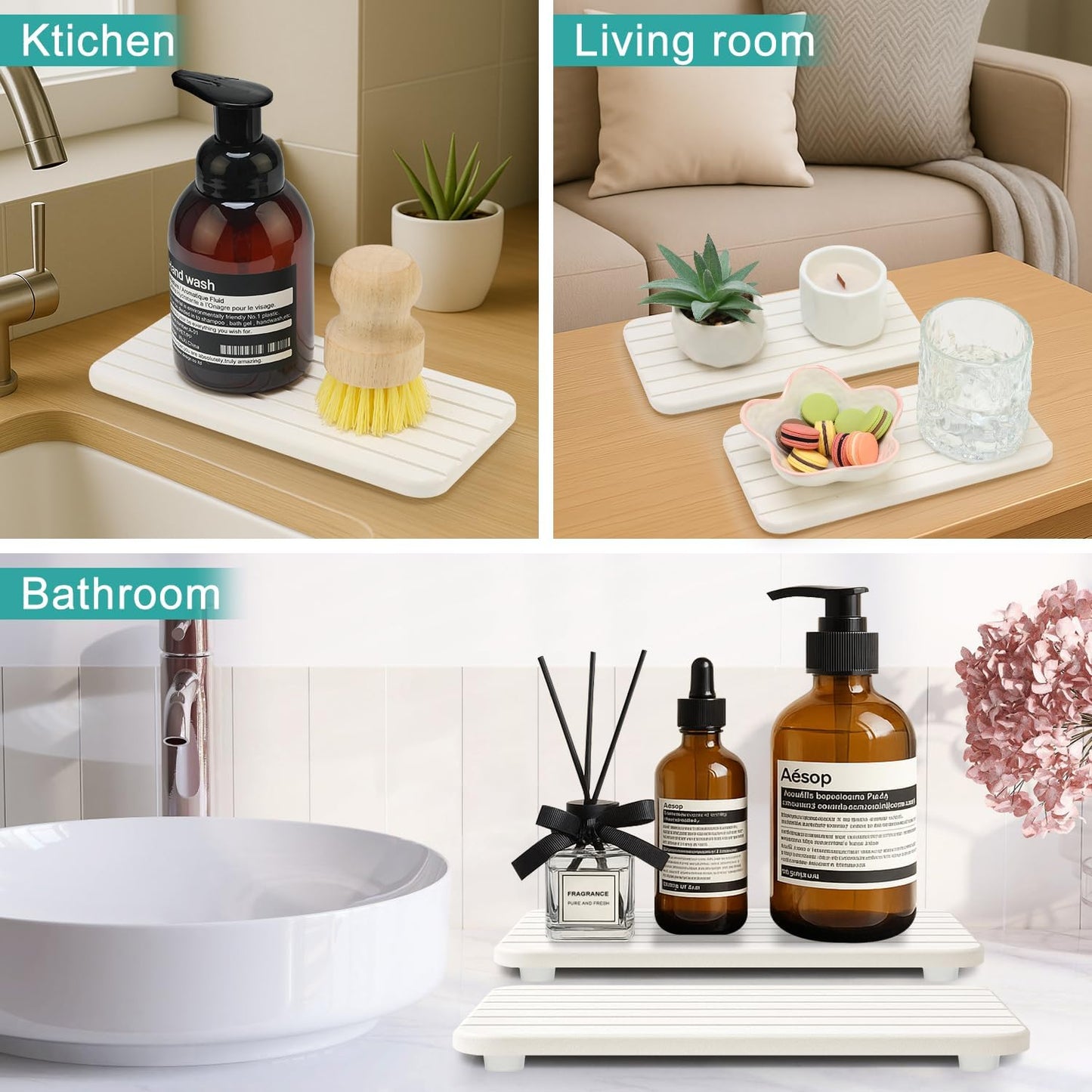 Diatomaceous Earth Dish Drying Mat for Bathroom Sink Tray Kitchen Counter Soap Dish White Diatomite Stone Sink Trays Absorbent Coasters Water Absorbing Stone Quick Drying Tray Kitchen Sink Accessories