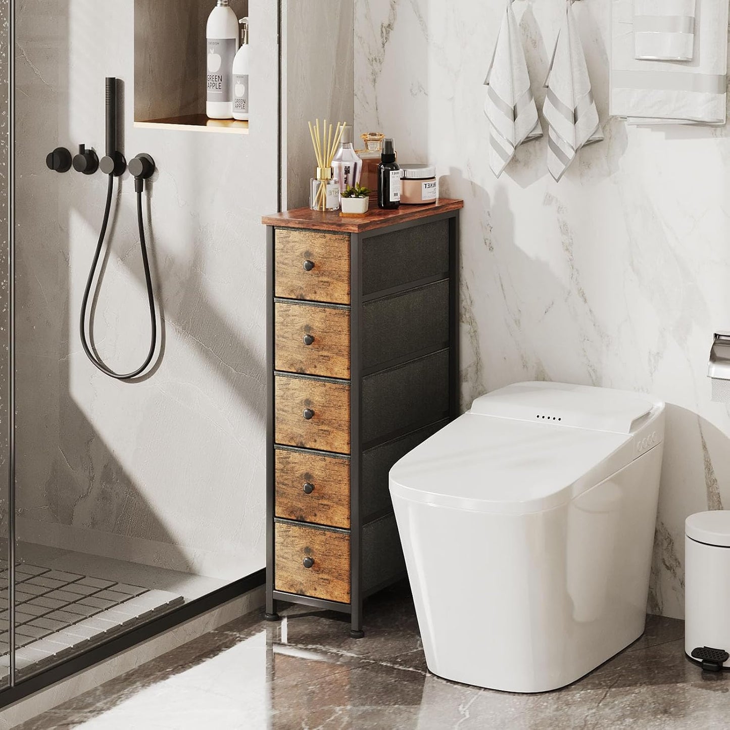 COTUBLR Narrow Dresser, 19" Wide Narrow Nightstand Dresser Storage Tower with 5 Drawers, Slim Fabric Dressers Chest of Drawers for Small Spaces, Wood Top & Fabric Bins for Bedroom Bathroom Closet