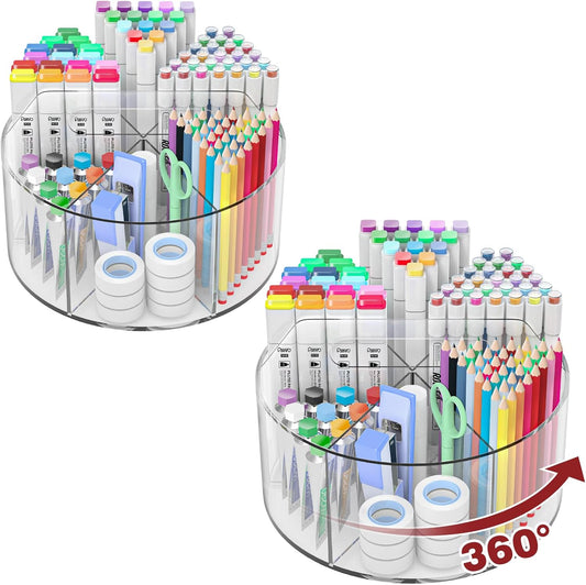 Absonic 2 Pack Acrylic Pen Organizer, 360 Rotating Clear Colored Pen and Pencil Crayon Marker Holder Caddy for Desk, Desktop Storage and Organizer for School Art Supplies