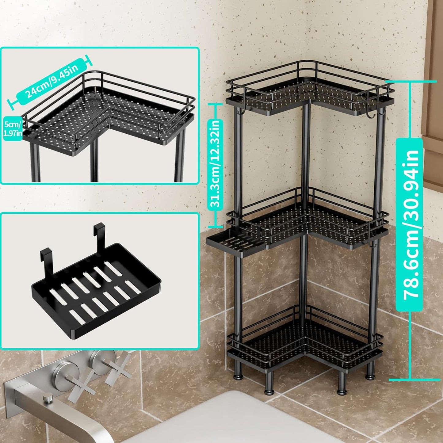 HapiRm Corner Shower Caddy Standing - 3 Tier Shower Organizer Corner with Soap Holder, Rustproof Bathroom Standing Organizer with 4 Hooks, Black