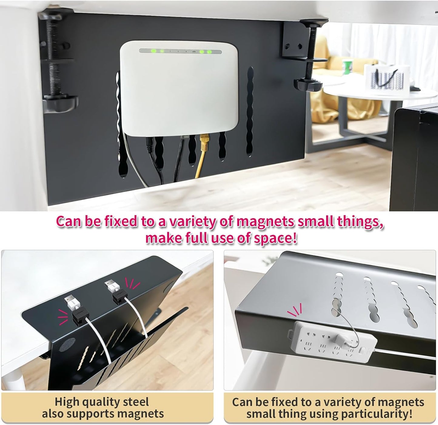 Desk Side Storage, Under Desk Storage, No Drill Steel Hanging Desk Organizer, Laptop Holder, Desk Storage Holder for Office & Home.(Black)