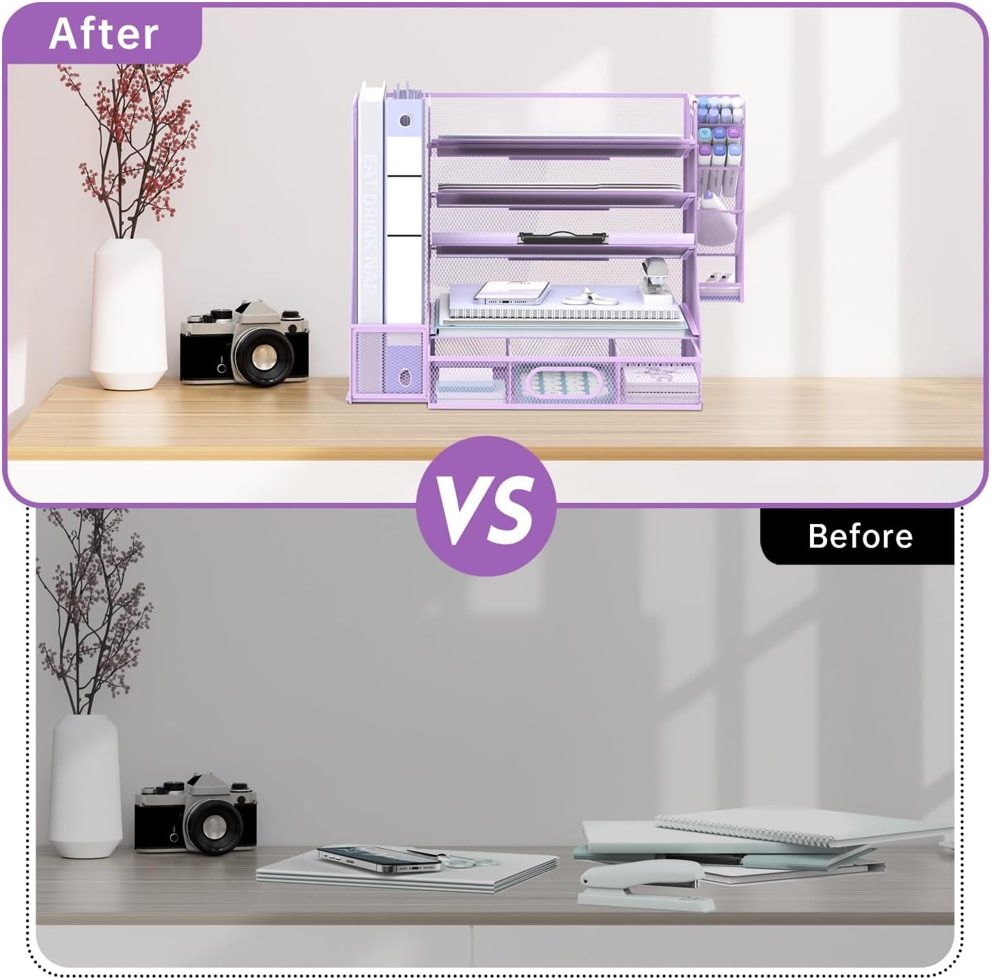 SUPEASY Desk Organizer with File Holder, 5-Tier Mesh Paper Letter Tray Organizer with Pen Holder and Drawer, Desktop Organizer and Storage with 3 Tilted File Sorter for Office Supplies, Purple