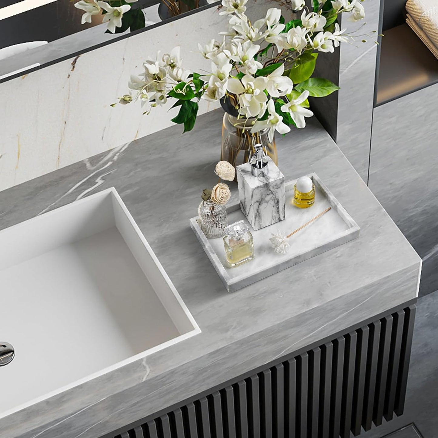 Real Natural Marble Tray for Bathroom, Vanity, Kitchen and Desktop, Rectangle Genuine Marble Stone Tray for Jewelry, Cosmetics, Candles, Lotion, Perfume and Home Decor