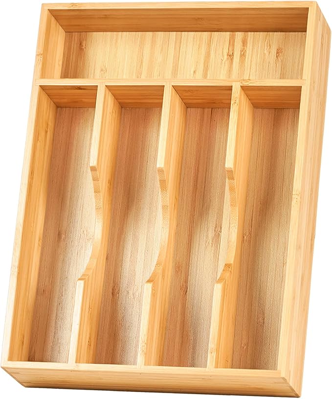 Umilife Bamboo Kitchen Drawer Organizer, 9 Inch Silverware Utensils Tray Holder for Small Drawer, Wood Caddy for Flatware Cutlery Knives