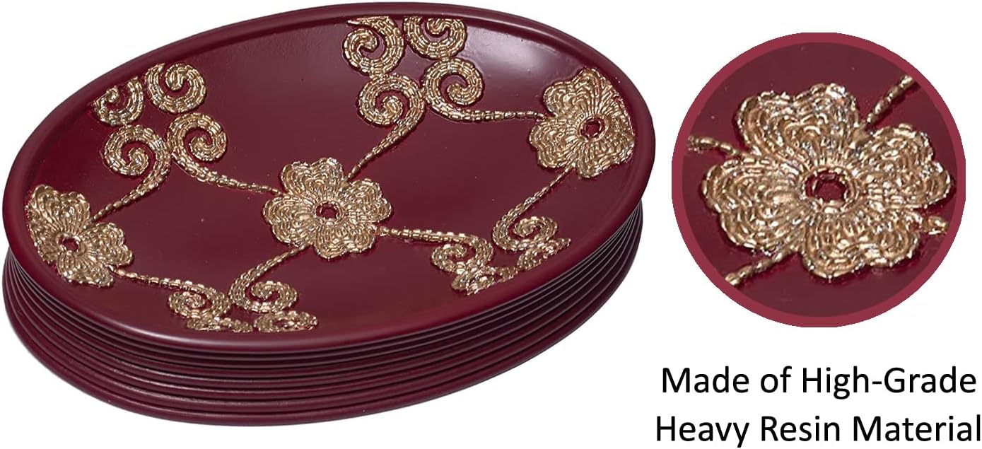 Zahari Home 4pc Elegant Rose Burgundy Bathroom Set Classic Bathroom Lotion Dispenser, Tumbler, Toothbrush Case and Bar Soap Holder Modern Uunique Design Burgundy Red Bathroom Accessories