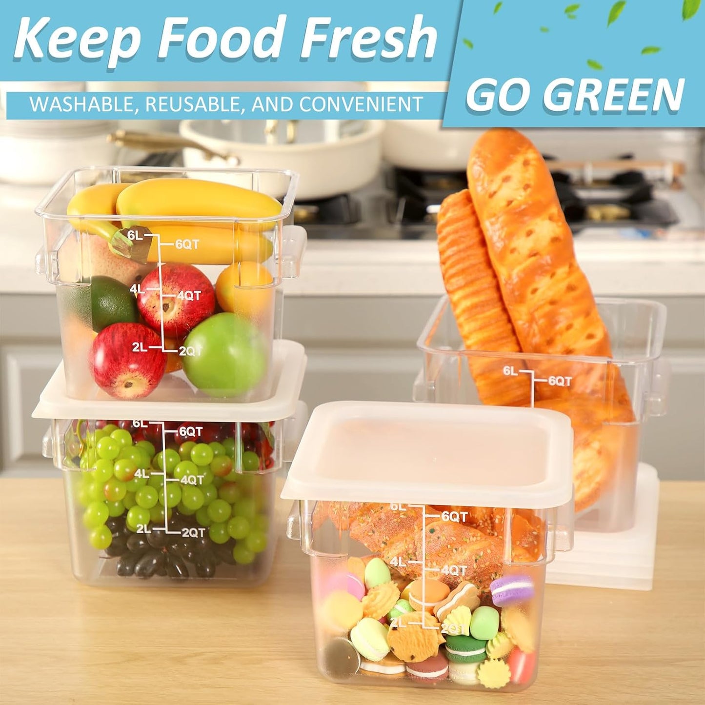 Yungyan 12 Pcs 6 Qt Commercial Food Storage Containers with white Lids Restaurant Square Airtight Food Storage Containers Clear Cereal Container for Kitchen Freezer Dishwasher Pantry