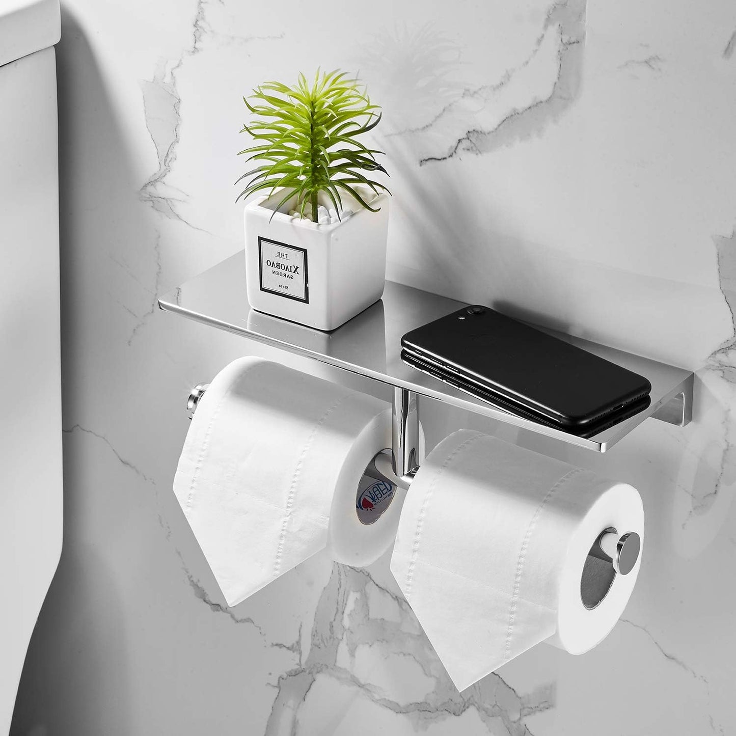 Double Roll Toilet Paper Holder with Shelf Solid Brass and Superior Hotel Style Tissue Dispenser Spared Storage Polished Chrome Finish