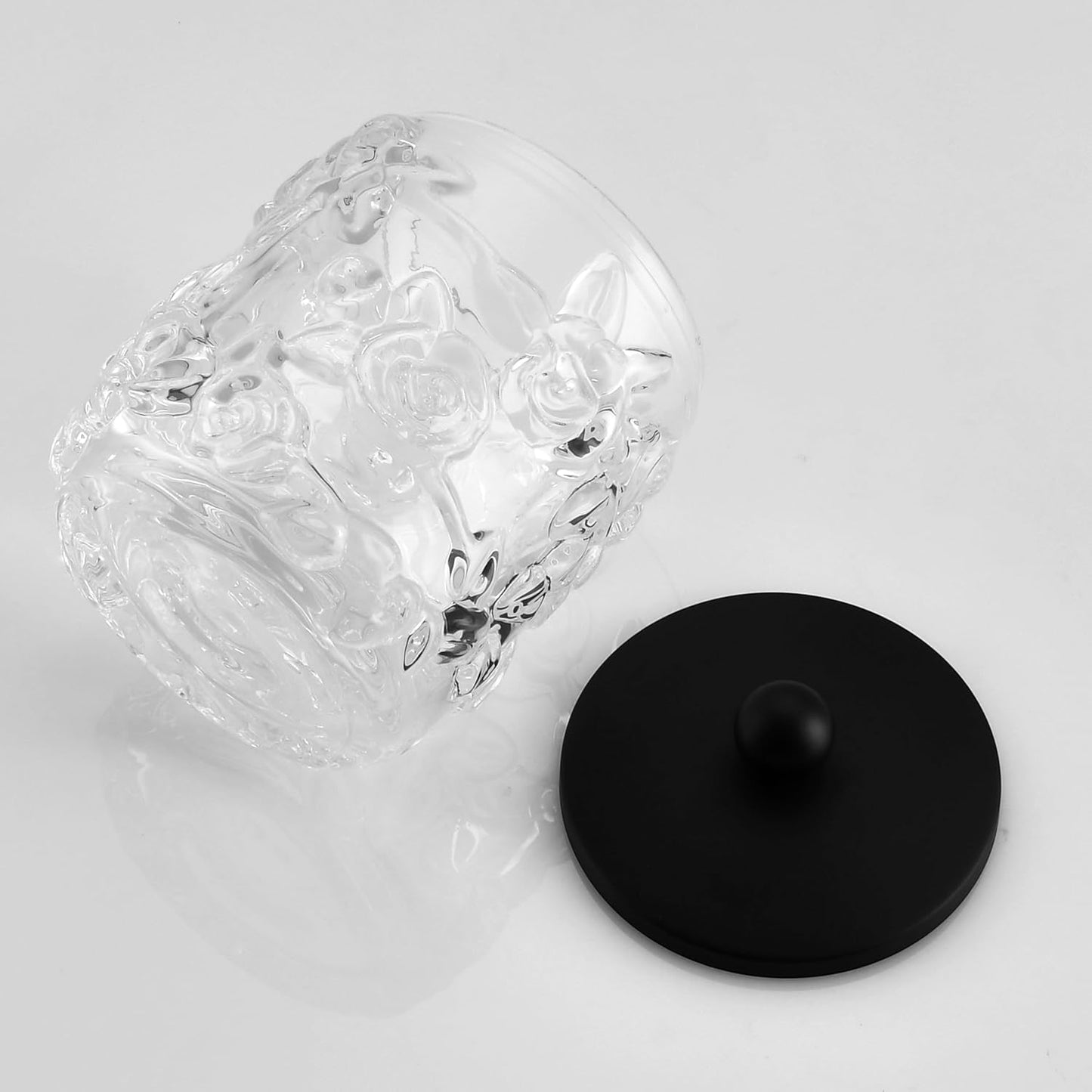 Clear Transparent Apothecary Floral Embossed Glass Jar With Matte Black Metal Lid Cover for Bathroom Organization, Cotton Balls, Q Tips, and Small Accessories, Bathroom Storage