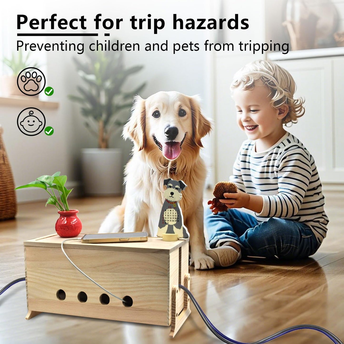 Large Cable Management Box, Wood Cord Hider Box & Organizer for Power Strip Hider Cable Storage for Office, TV Wires, Desk Cord Organizer, 14.2" x 6" x 6.3", Natural, Wood