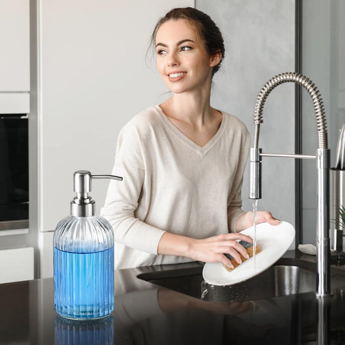 Clear Glass Soap Dispenser with 304 Rustproof Stainless Steel Pump 18oz for Kitchen and Bathroom Hand Soap Dispneser Bottle