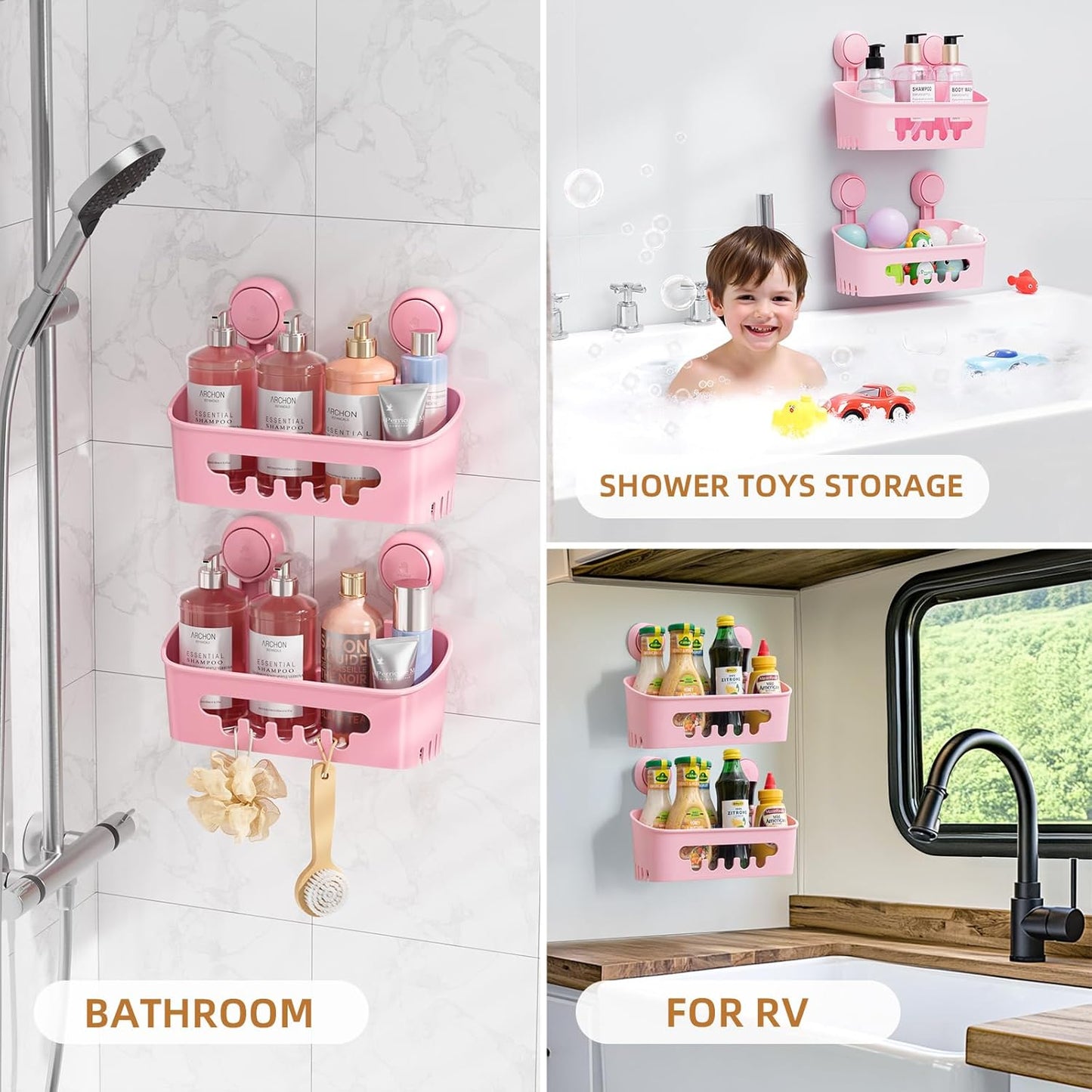 LEVERLOC Shower Caddy Suction Cup 2 Pack, Shower Organizer Removable Bathroom Shelf, Storage Suction Powerful Max Hold 22lbs Bathroom Caddy Waterproof Holder, Pink
