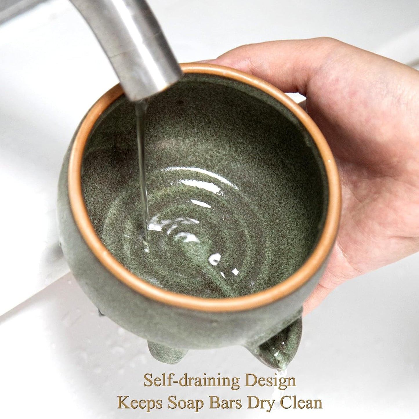 Soap Dish with Drainage，Ceramic Self Draining bar Soap Holder for Shower，Bathroom，Sink，Kitchen and Countertop，Keeps Bars Dry& Lasts Longer，Avocado Green