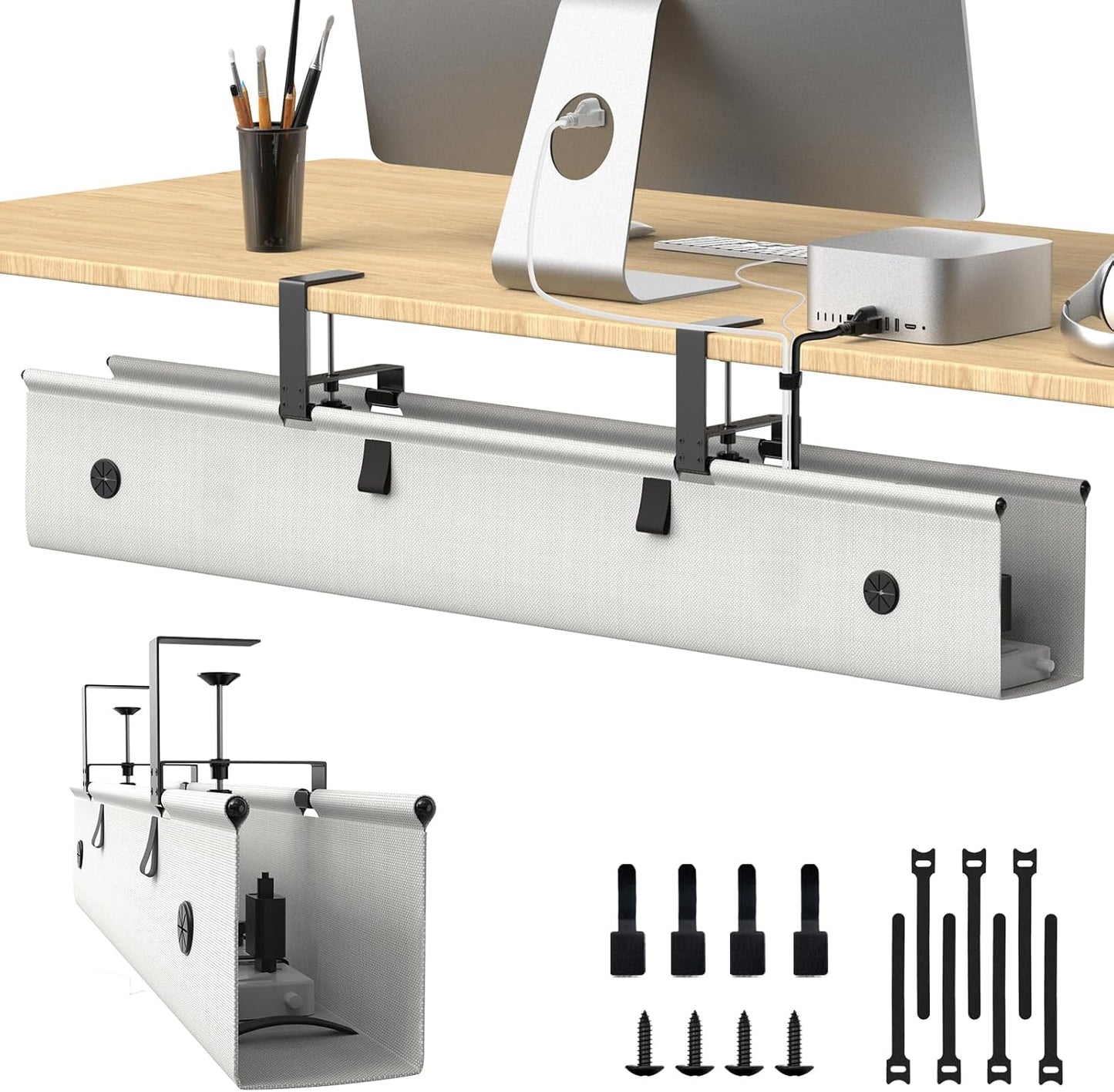 Under Desk Cable Management Tray, 40-inch No-Drill Cord Organizer with Anti-Sag Reinforced Base, Fabric Wire Management Hider for Standing Desk, Office & Gaming Accessories - Grey