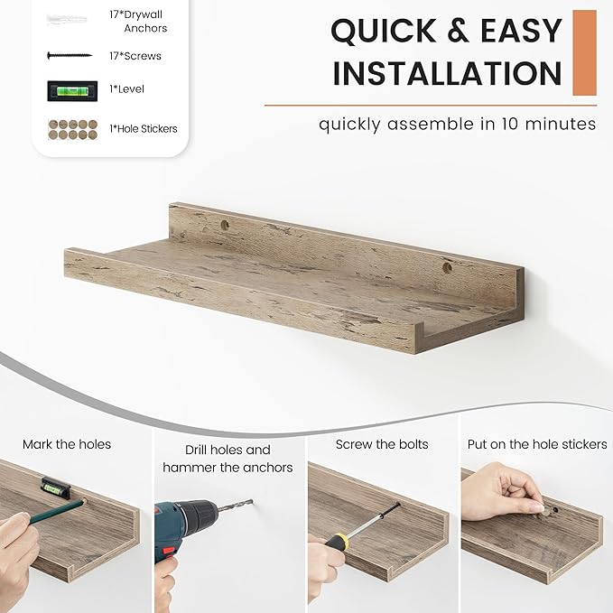 Floating Picture Ledge Shelves for Wall Set of 8, 16 Inch Wall Shelves with Lip Long Large Nursery Book Shelf for Toys Storage Kids Bookshelf Wall Mounted Living Room Bedroom Decor Frames