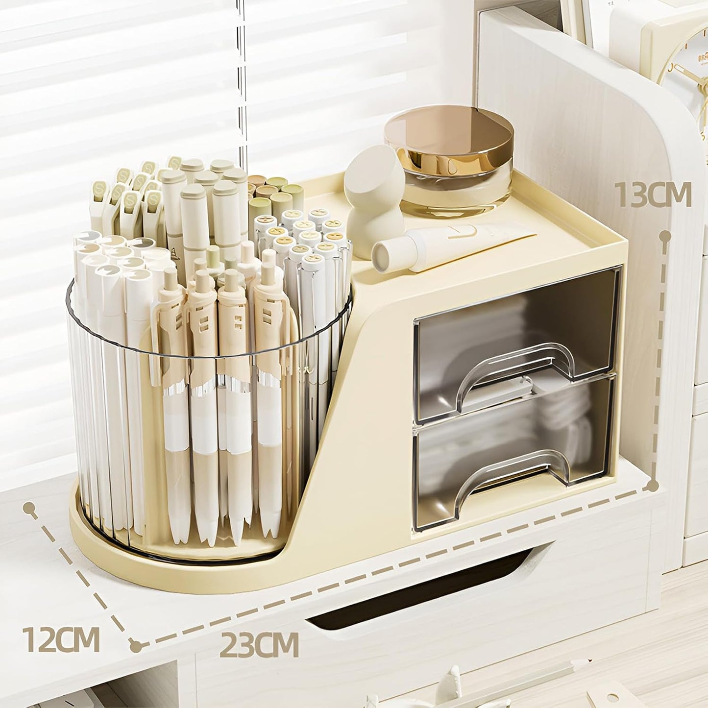 Rotation Pen Holder for Desk Cute Pencil Cup Pot Desktop Organizer and Accessories for Girls Kids Makeup Brush Holder (Beige)