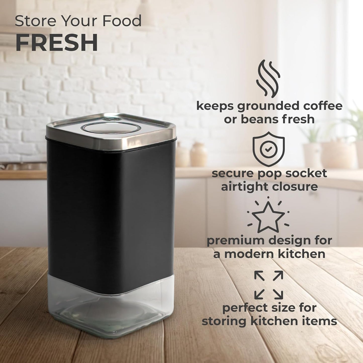 Kaffe Glass Coffee Canister (12oz) w/Airtight Lid - Click to Release Seal - BPA Free Glass & Stainless Steel - Elegant Kitchen Storage Container for Coffee, Nuts, Rice, Flour, Sugar, Tea, Cereal