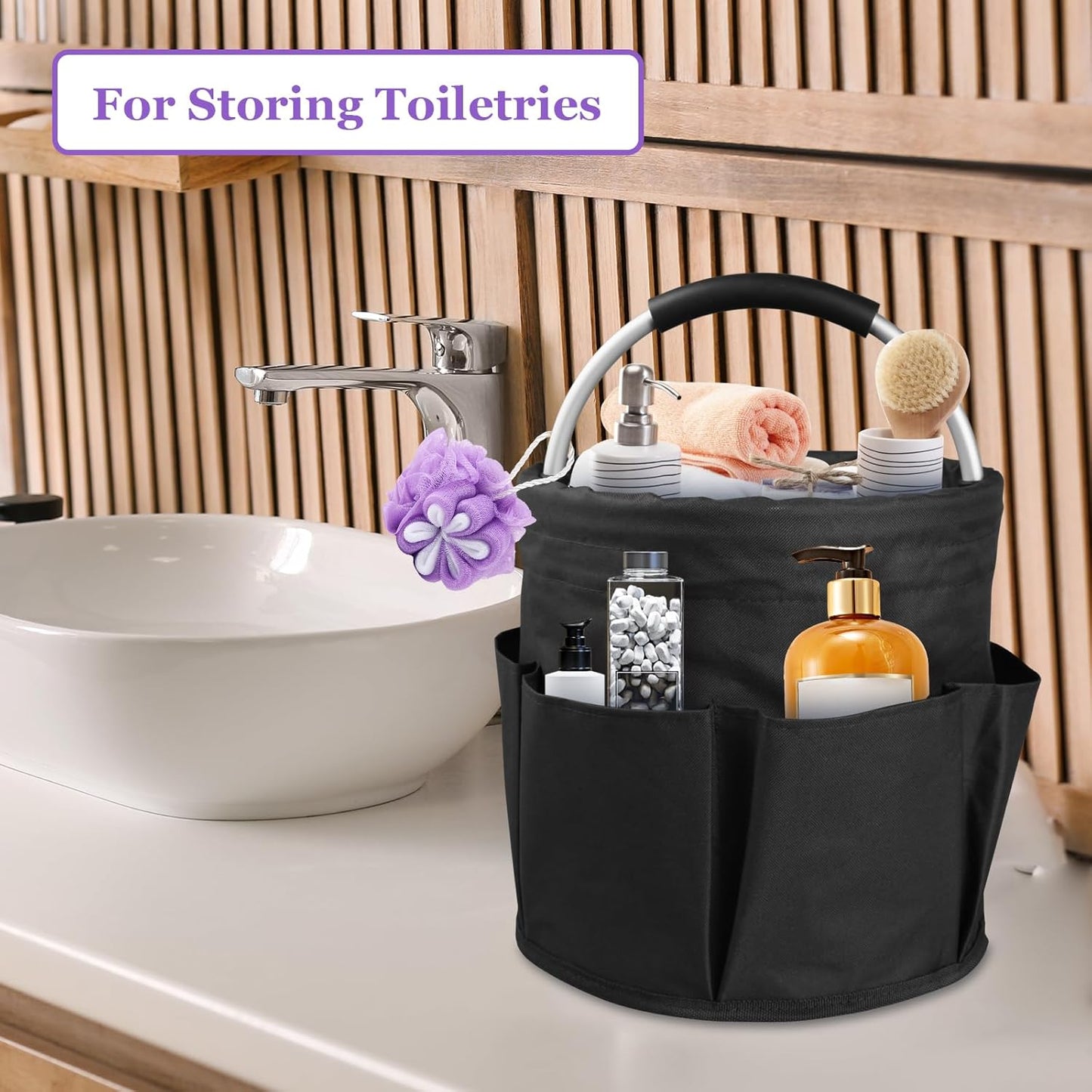 2Pcs Collapsible Cleaning Caddy with Handle, 17L Foldable Cleaning Supply Caddy, Bucket Tool Organizer in 600D Oxford Fabric, Multifunctional Storage Basket for Cleaning, Traveling, Black