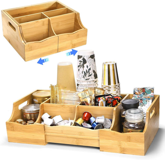 Coffee Station Organizer for Countertop, Bamboo Coffee Bar Condiment Organizer, Extendable Tea Condiment Storage for Bar Decor, Kitchen, Office, 7 Compartment