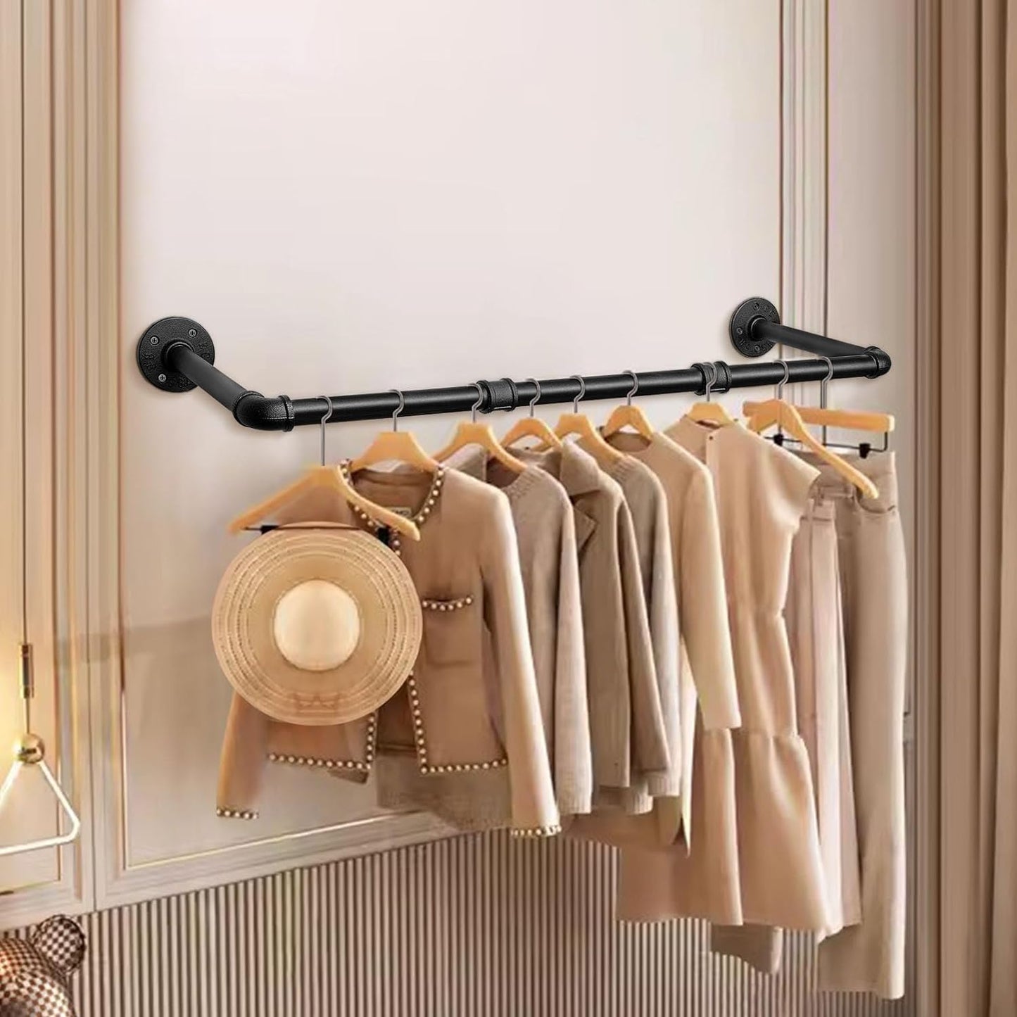 Industrial Iron Pipe Clothes Hanging Bar DIY Wall-Mounted Garment Rack Heavy Duty Clothing Rack for Bedroom, Laundry Room, Closet Storage (Black 36 inch)