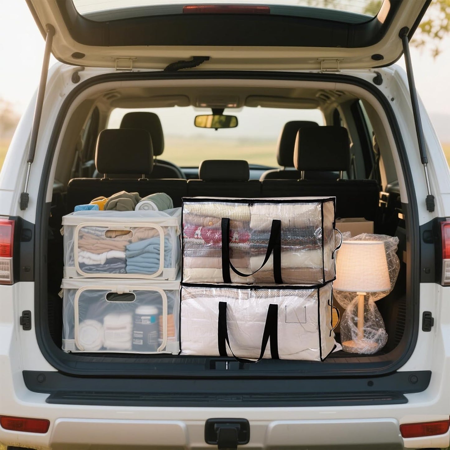 8 Pack-Extra Large Heavy Duty Moving Bags - Waterproof Storage Totes with Handles & Zippers, Foldable for College Dorm, Storage (Clear)