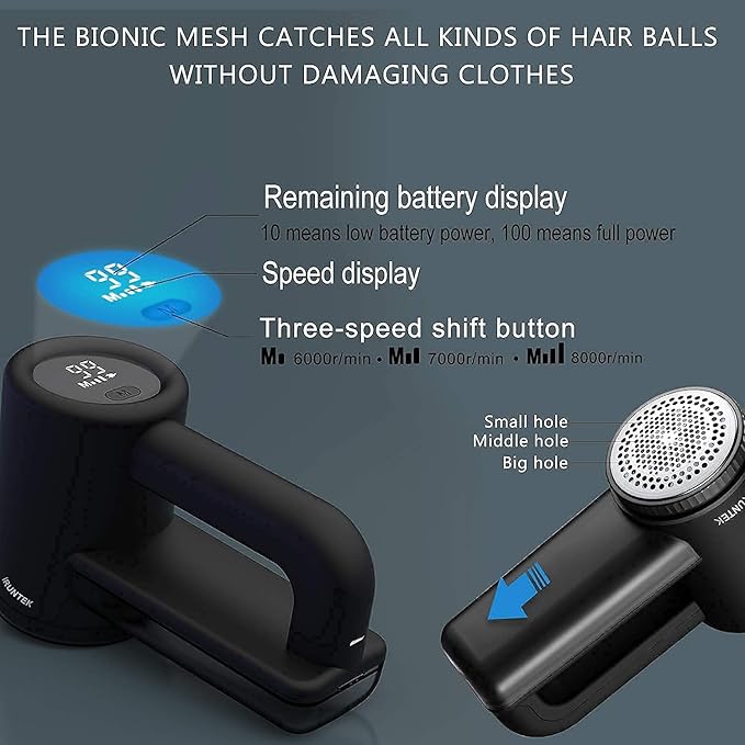 iRUNTEK Rechargeable Fabric Shaver & Lint Remover｜3-Speed Lint Shaver with LED Display & Type-C Fast Charging Port｜Sweater Shaver with Large Lint Bin｜Removes Fuzz & Pills from Clothes Furniture, Black