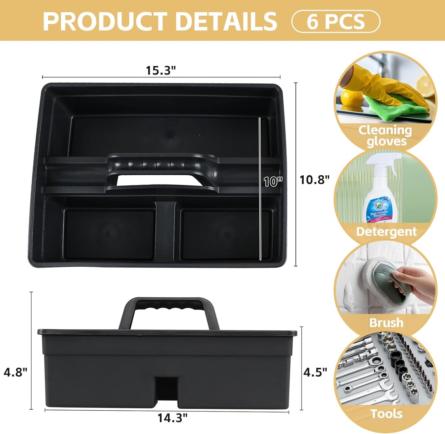 6 Pack Cleaning Organizer Caddy with Handle, Plastic Carry Caddy for Cleaning Products