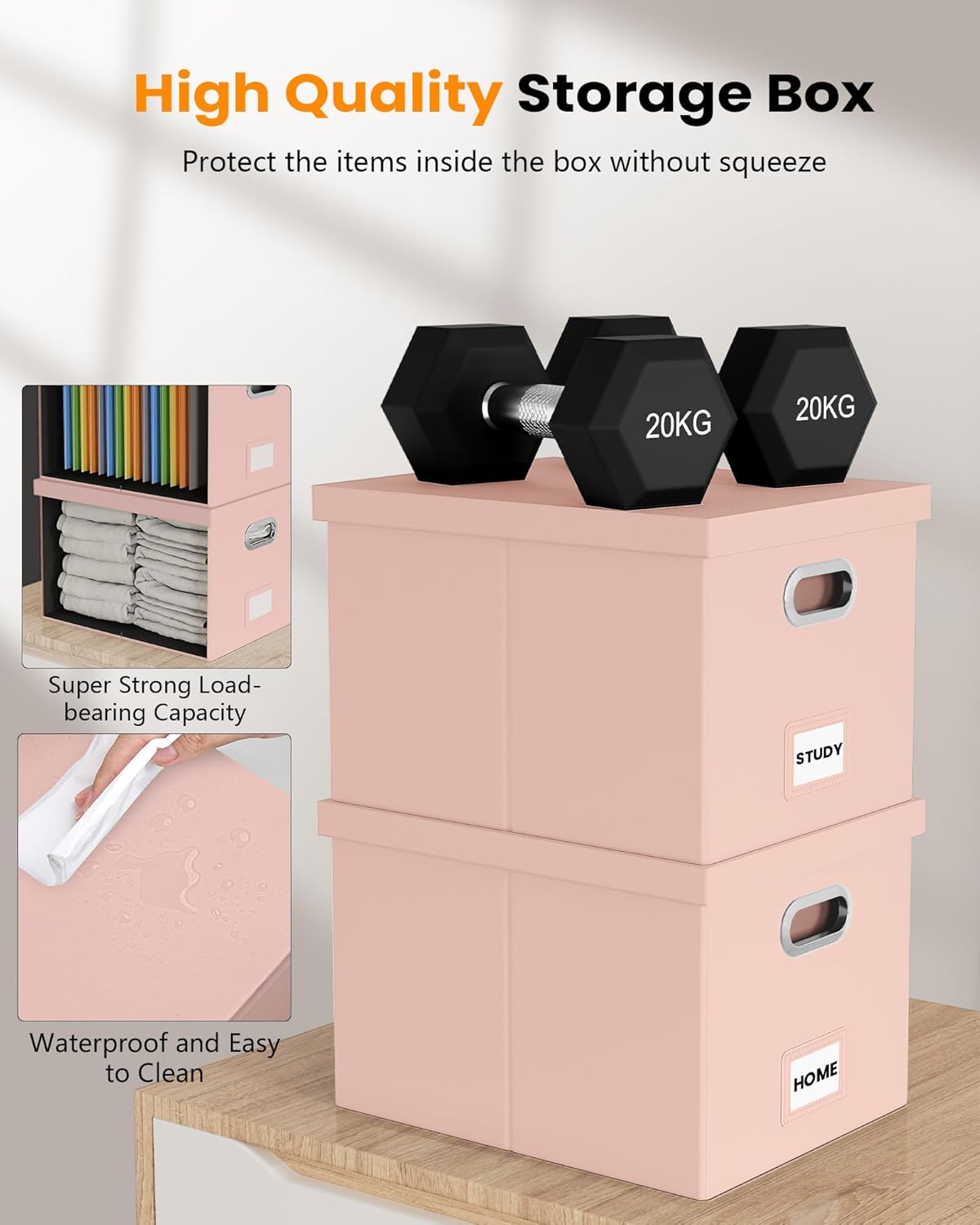 Oterri File Organizer Box with Lid, Portable Hanging File Box for Letter/Legal Files, Office/Decor/Home, Cream-pink (Leather), 1 Pack