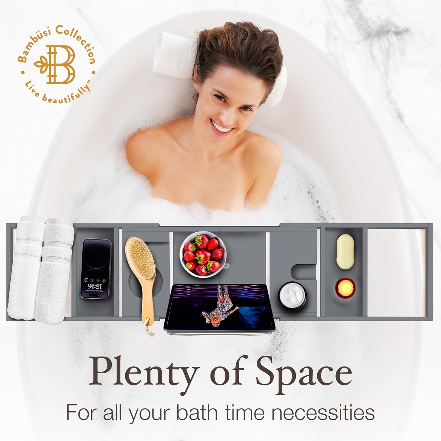 Bathtub Tray - Expandable Gray Bamboo Bath Tray for Tub with Wine Glass Holder, Book & Tablet Stand - Wooden Bathtub Caddy for Bathroom Accessories, Spa Relaxation, Housewarming & Wedding Gift