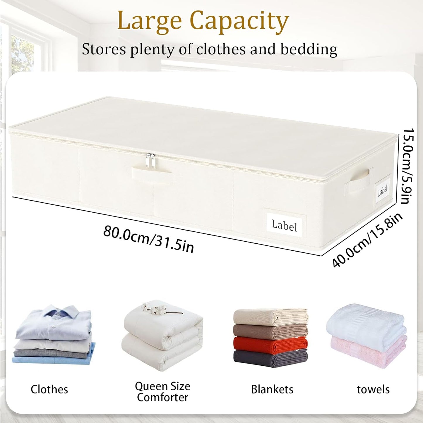 Yawinhe Foldable Underbed Storage Bags, Containers Bin with Lids, Large Under Bed Organizer Box, with Sturdy Zipper und Label Holders, for Clothing, 31.5''Lx15.7''Wx6''H, 4 Pack, Beige