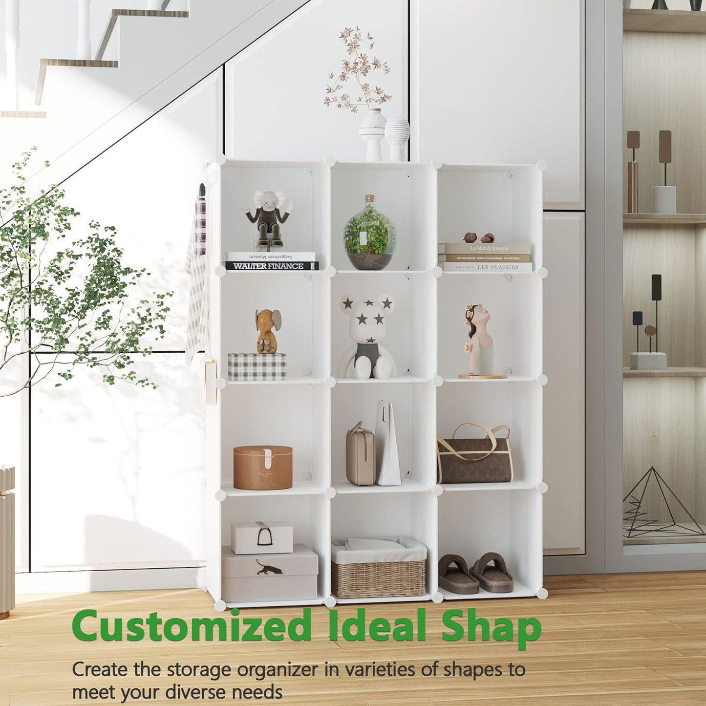 C&AHOME Cube Storage Organizer, 12-Cube Shelves Units, Closet Cabinet, DIY Plastic Modular Book Shelf, Ideal for Bedroom, Living Room, Office, 36.6" L x 12.4" W x 48.4" H Milky UPCS12M