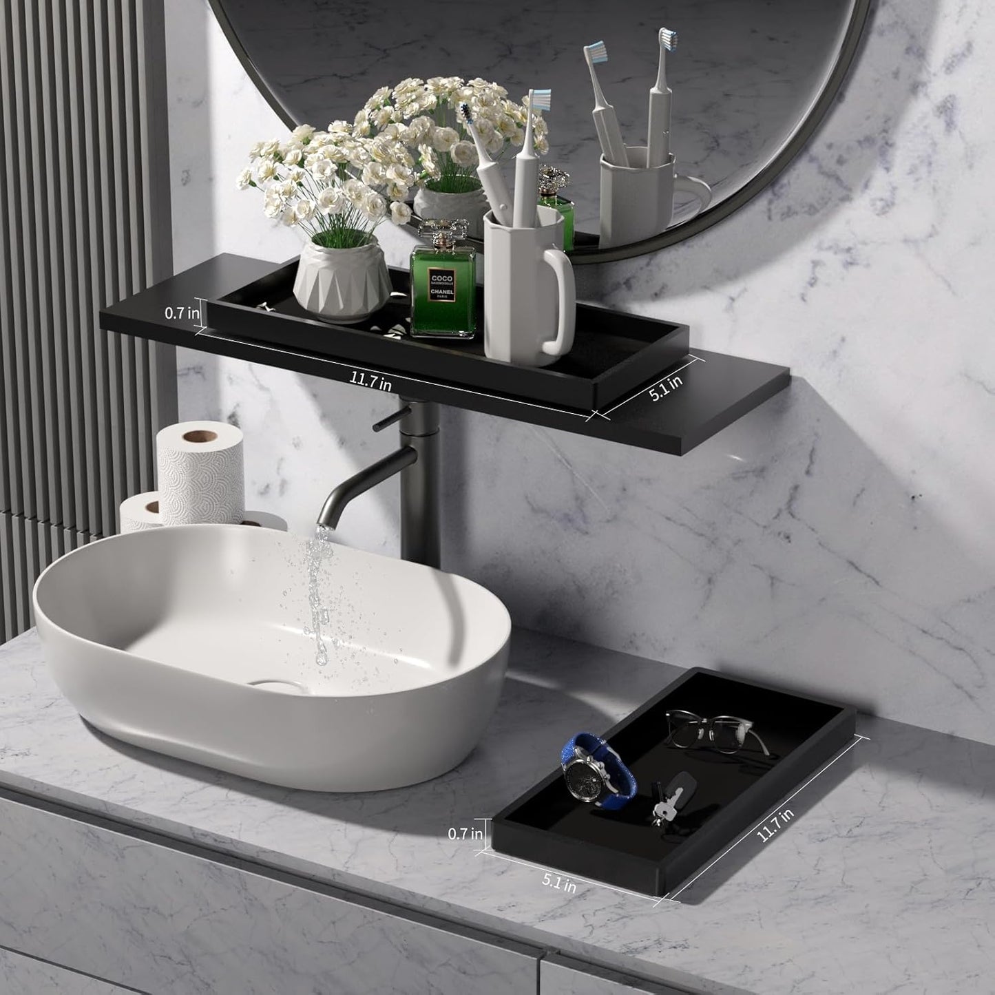 BBK Bathroom Vanity Tray 11.8 in- 2 Pack(Large) Silicone Bathroom Tray for Counter, Perfume Key Trinket Ring Tray, Decor Soap Dispenser Countertop Tray for Kitchen Sink Organization (Black)