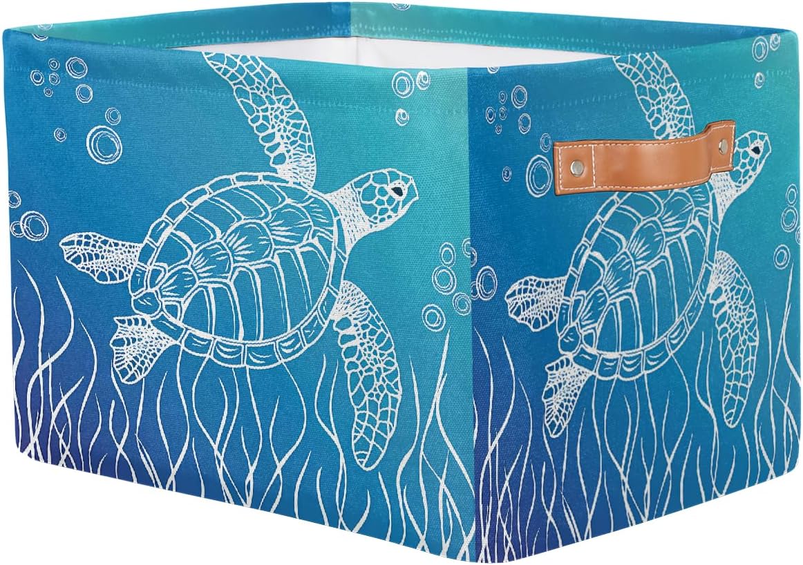 Ocean Turtle Storage Basket for Shelves, Storage Bins with Handles, Collapsible Basket for Organizing, Closet Toy Baskets for Nursery Room, 15x11x9.5 in, Canvas, Sea Tortoise