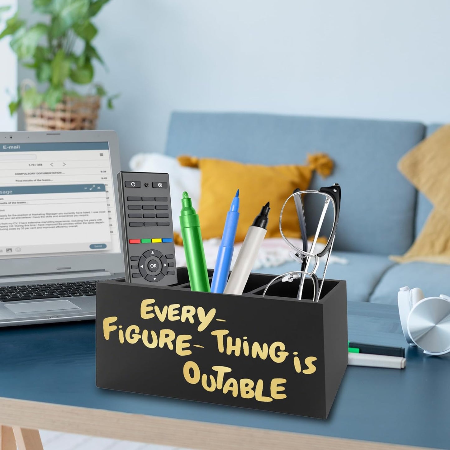 Everything Is Figureoutable Pen Pencil Holder Organizer for Desk, Inspirational Motivational Wooden Box Signs Decorations for Home Office Desk Tabletop, Inspirational Gifts