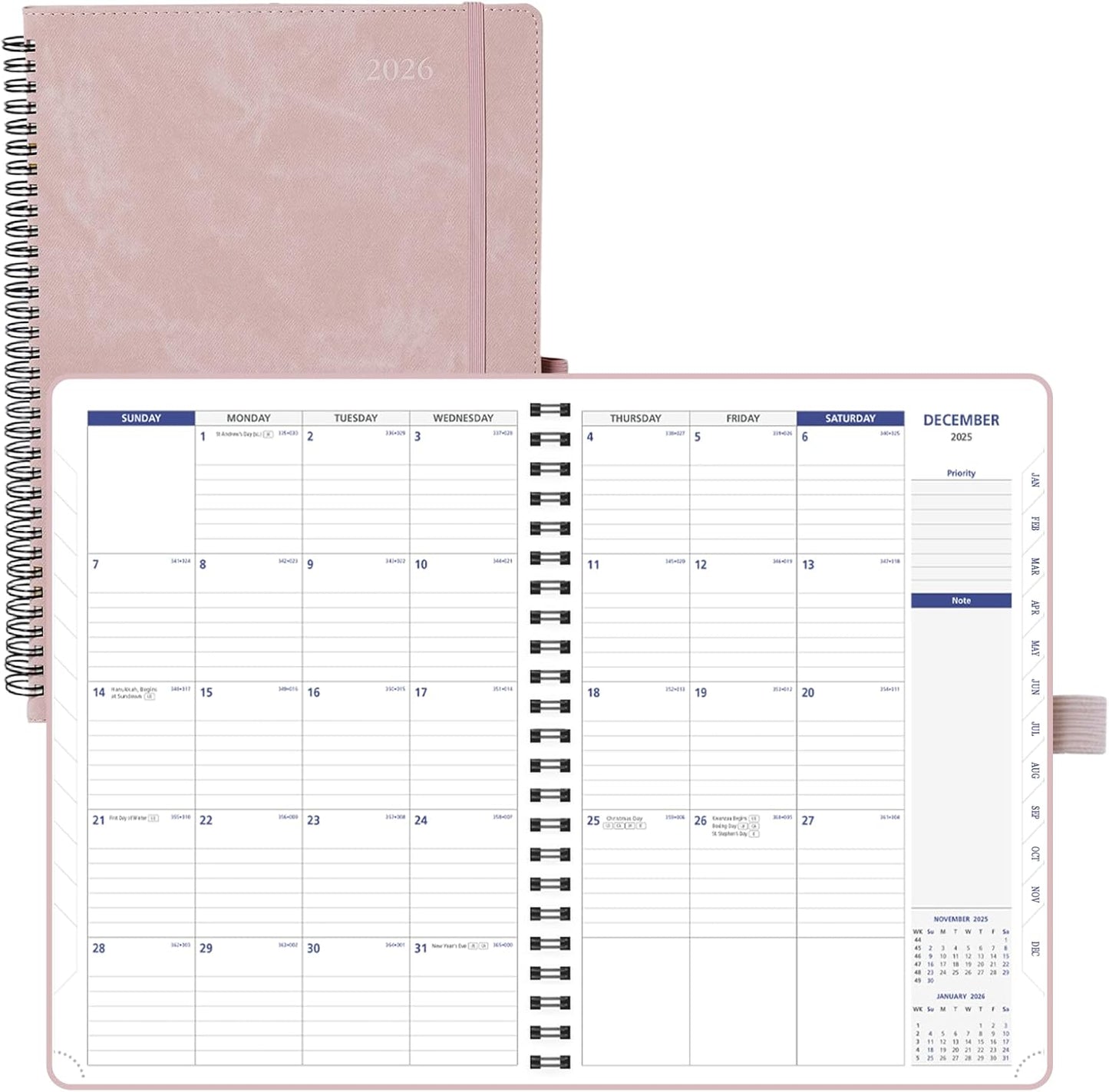 POPRUN 2026-2027 Monthly Planner A4 Size, 16 Months Calendar (Dec 2025-Mar 2027), 2 Pages per Month with Dotted & Lined Note, Monthly Tabs, Spiral Softcover, 2 Inner Pockets - Pink