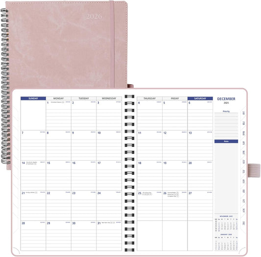 POPRUN 2026-2027 Monthly Planner A4 Size, 16 Months Calendar (Dec 2025-Mar 2027), 2 Pages per Month with Dotted & Lined Note, Monthly Tabs, Spiral Softcover, 2 Inner Pockets - Pink