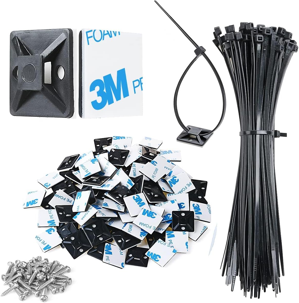 200pcs 3/4" Back-Glue Self Adhesive Black Strong Cable Zip Tie Mounts with 8" Ties, Screws, UV Protection Outdoor Sticky Wire Fasteners Cable Clips Management Anchors Organizer Holders Squares