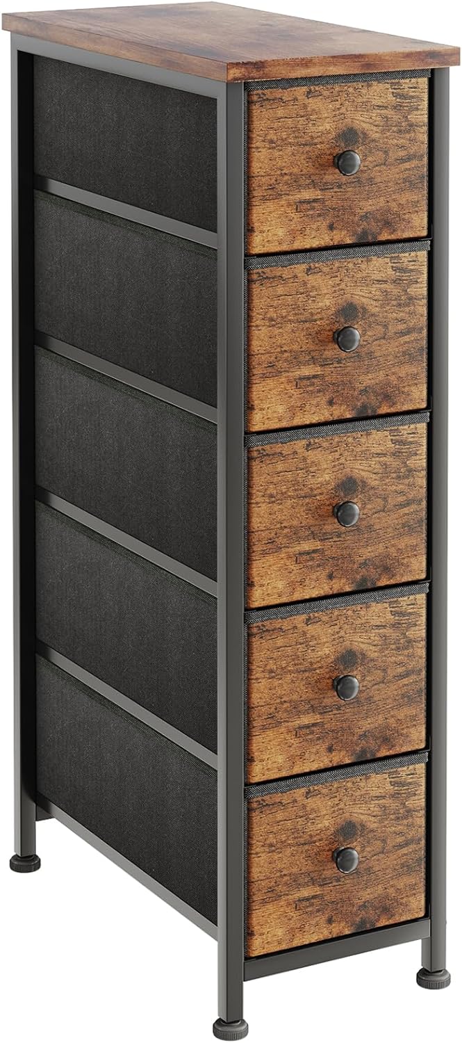 COTUBLR Narrow Dresser, 19" Wide Narrow Nightstand Dresser Storage Tower with 5 Drawers, Slim Fabric Dressers Chest of Drawers for Small Spaces, Wood Top & Fabric Bins for Bedroom Bathroom Closet
